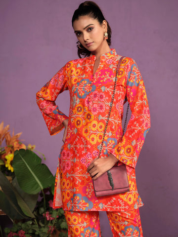 Red Cotton A-line Trendy Printed Co-ords Set