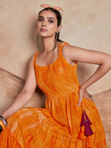 Orange Georgette Anarkali Digital Print Dress