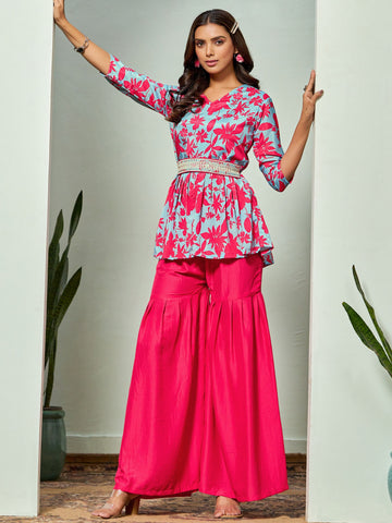 Pink Chinon A-line Floral Kurta Sharara Set With Embroidered Belt