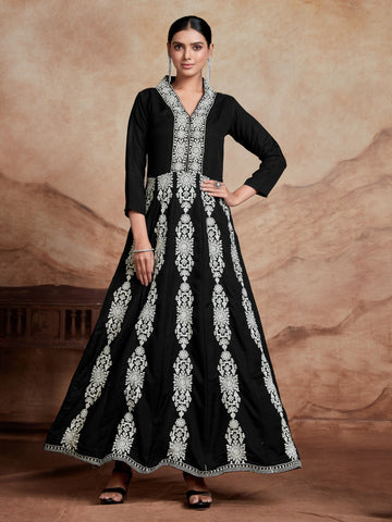 Black Rayon Chikankari Embroidery Work Anarkali Dress