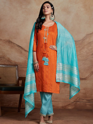 Orange Silk Blend Woven Zari Mirror Work Straight Kurta Pant and Dupatta Set