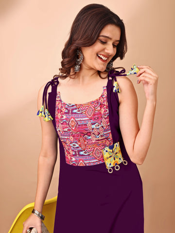 Wine Rayon Patch Work Shouler Strep Sleeveless Kurta