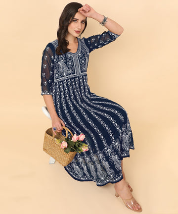 Navy Blue Georgette Chikankari Embroidered Anarkali Kurta