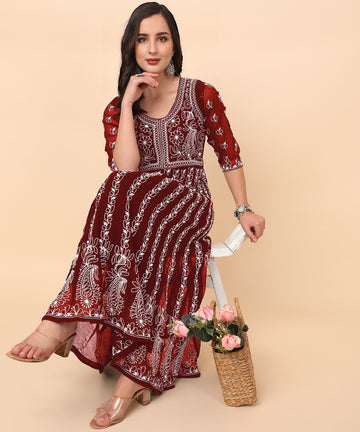 Rust Georgette Chikankari Embroidered Anarkali Kurta