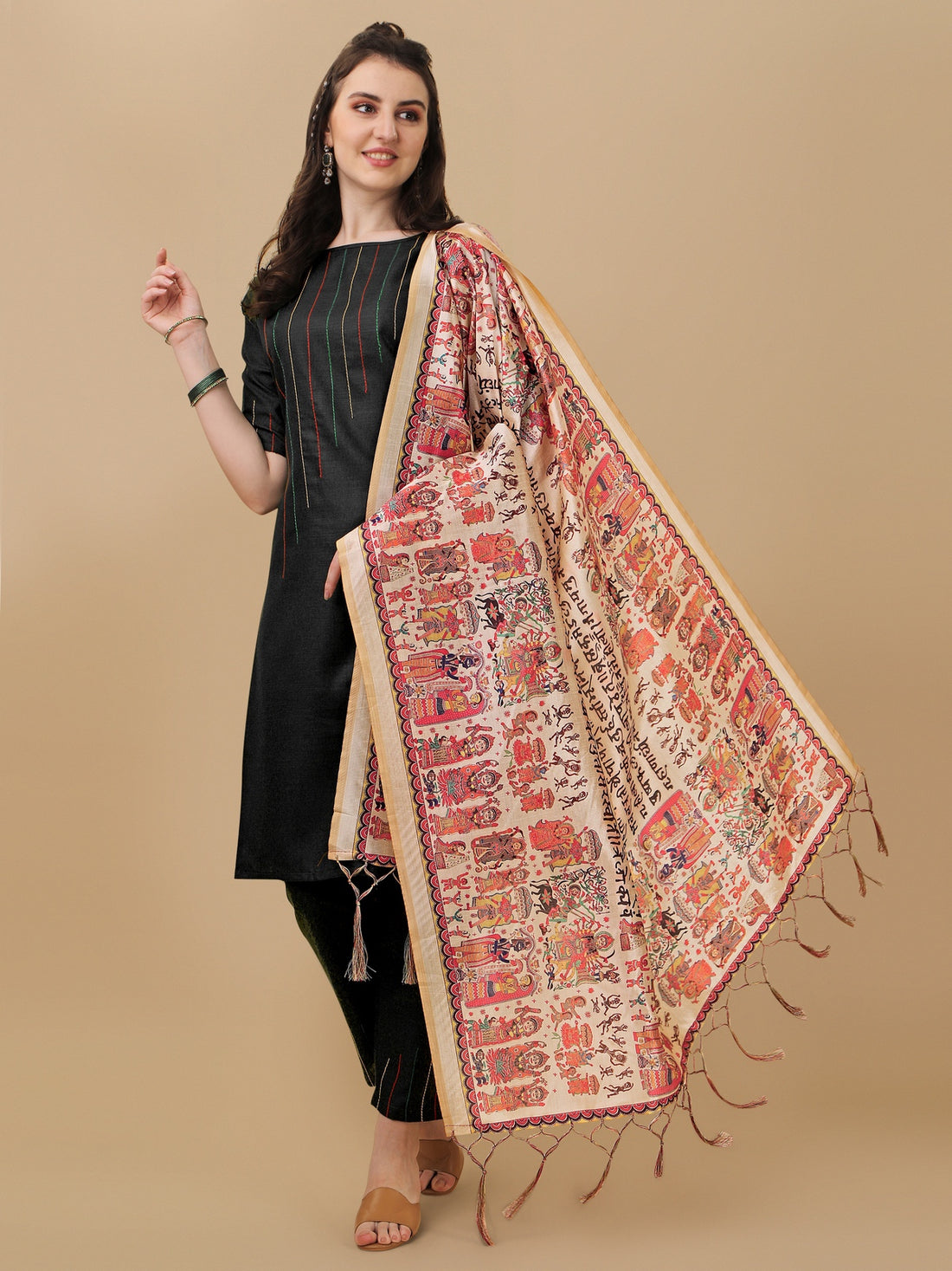 Cotton Thread Work Kurta Pant with Digital Print Dupatta