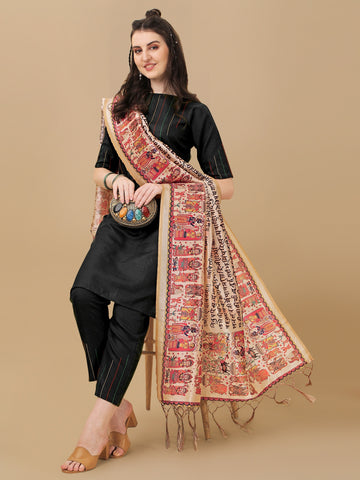 Cotton Thread Work Kurta Pant with Digital Print Dupatta