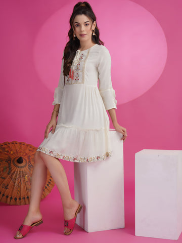 White Cotton Rayon Fit & Flare Embroidered Dress