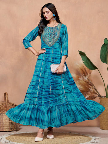 Blue Georgette Digital Print and Embroidered Flared Dress