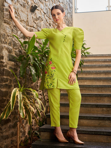 Green Cotton Blend Embroidered Co-ords Set