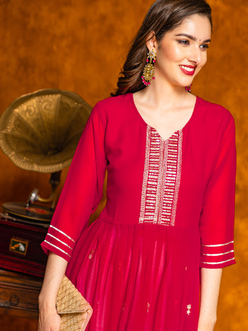 Cherry Red Georgette Embroidered Naira Cut Kurta