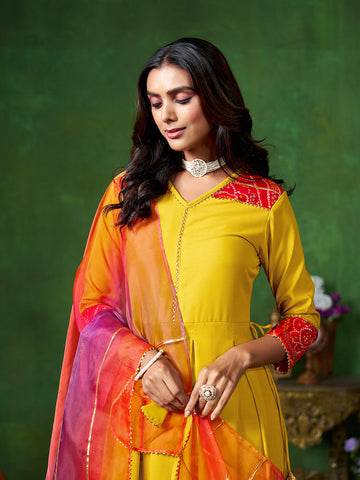 Yellow Rayon Embroidered Anarkali Kurta With Organza Dupatta Set