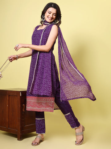 Georgette Bandhani Print and Embroidered Kurta Pant and Dupatta Set