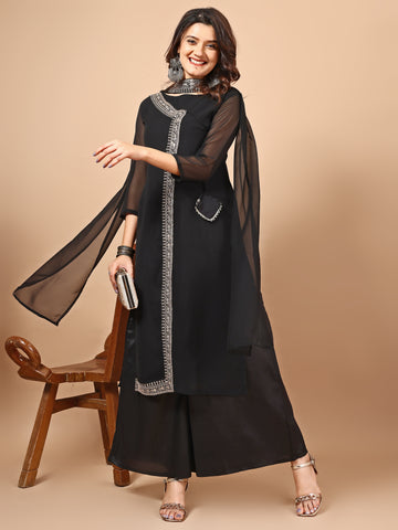 Black Georgette Embroidered Angrakha Kurta Palazzo With Choker Dupatta Set