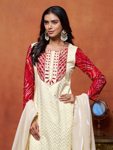 Pure Cotton White & Red Embroidered and Bandhani Straight Kurta Pant With Dupatta Set