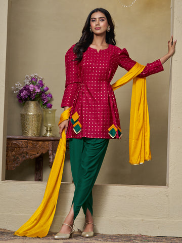 Cotton Silk Zari Embroidered Kurti Dhoti and Dupatta Set