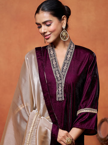 Wine Velvet Embroidered Straight Kurta Pant With Dupatta Set