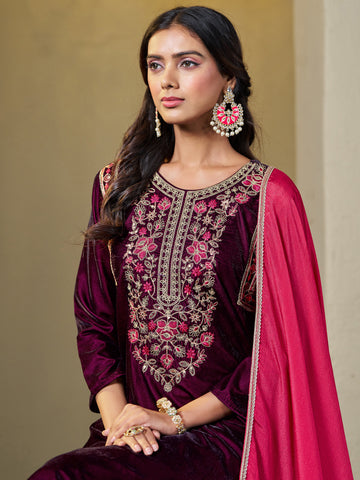 Wine Velvet Yoke Embroidery Straight Kurta Pant With Dupatta Set
