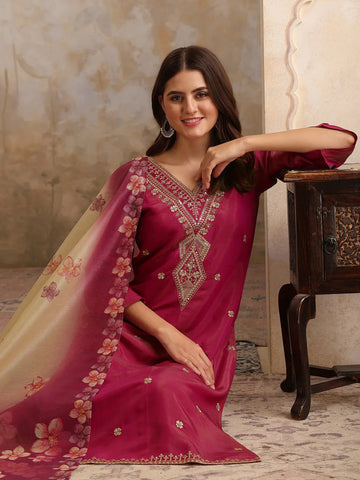 Youthnic Women's Silk Blend Embroidered Straight Kurta Salwar With Floral Print Dupatta (Pink)