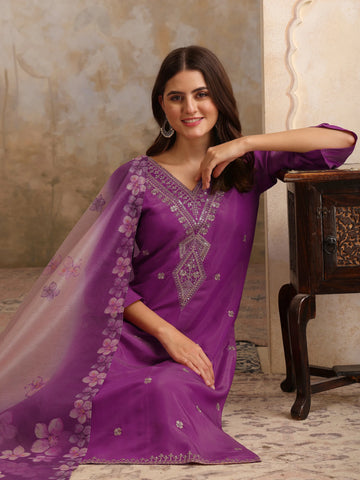 Youthnic Women's Silk Blend Embroidered Straight Kurta Salwar With Floral Print Dupatta (Purple)
