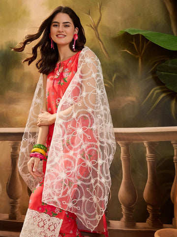 Orange Cotton Blend Floral Print Straight Kurta Palazzo With Dupatta set