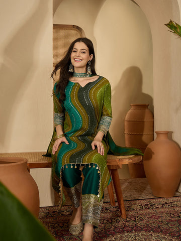 Green Viscose Rayon Leheriya Print & Embroidered Asymmetric Kurta Pant With Choker Dupatta Set
