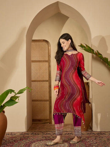Red Viscose Rayon Leheriya Print & Embroidered Asymmetric Kurta Pant With Choker Dupatta Set