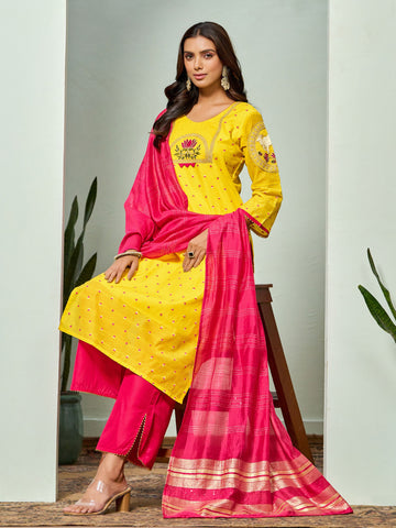 Silk Blend Straight Embroidered Kurta Pant With Dupatta Set