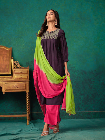 Purple Cotton Blend Embroidered Kurta Palazzo and Dupatta Set