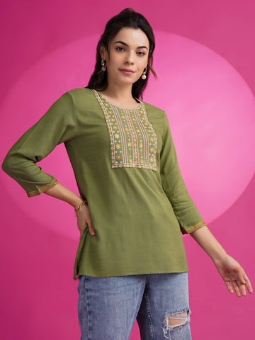 Dusty Green Cotton Rayon Embroidered Patch Work Short Kurti