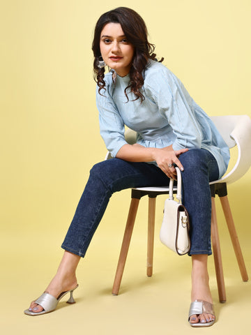 Blue Cotton Blend Striped Top