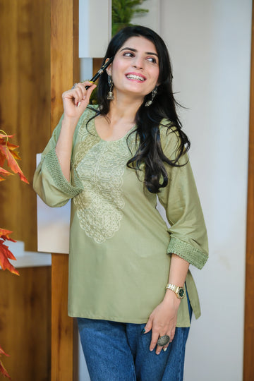 Light Green Rayon Thread Embroidery Straight Short Kurti Tunic Top