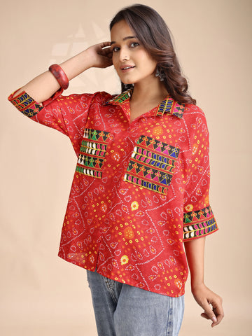 Red Cotton Blend Bandhani print and Embroidered Relex fit Pocket Boxy Shirt Style Top