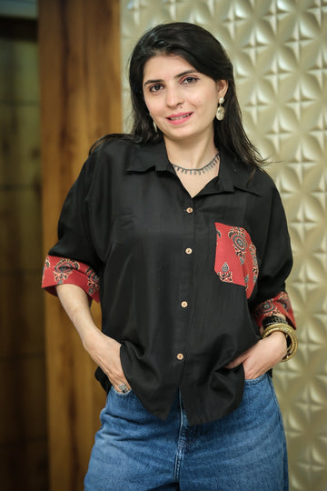 Black Cotton Silk Solid & Printed relex Fit Pocket Boxy Shirt Style Top