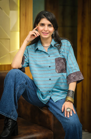 Rama Cotton Blend Checked Printed relex Fit Pocket Boxy Shirt Style Top