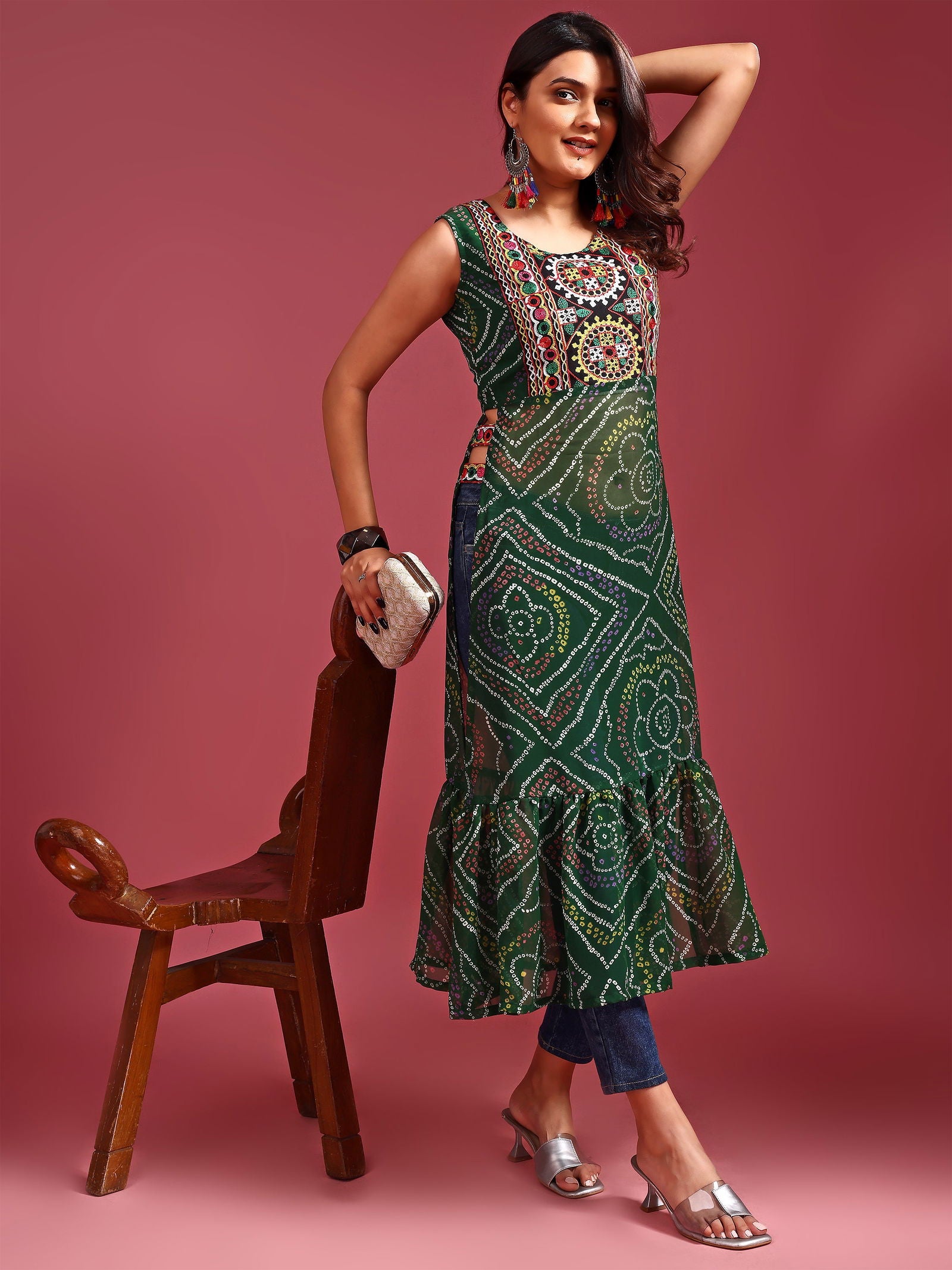 Youthnic - Georgette Embroidered Bandhani Print Navratri Special Kurta