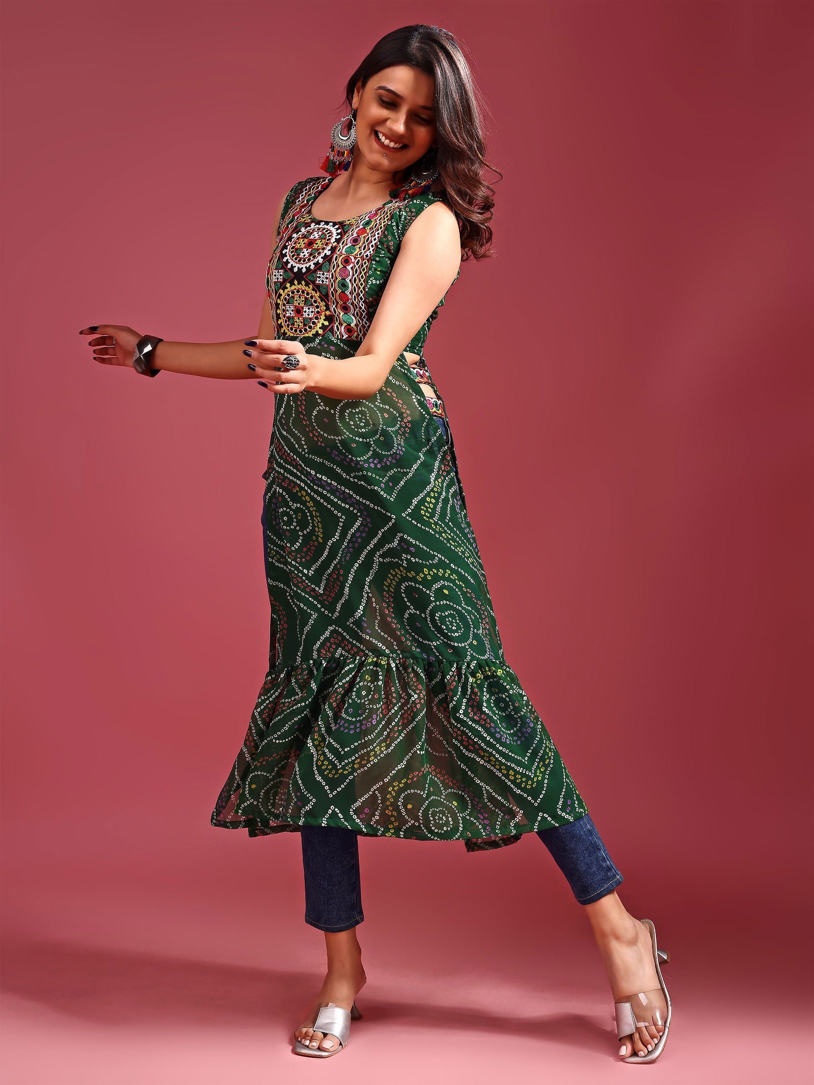 Youthnic - Georgette Embroidered Bandhani Print Navratri Special Kurta