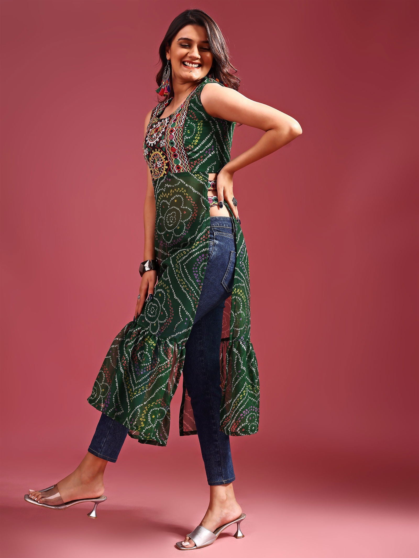 Youthnic - Georgette Embroidered Bandhani Print Navratri Special Kurta