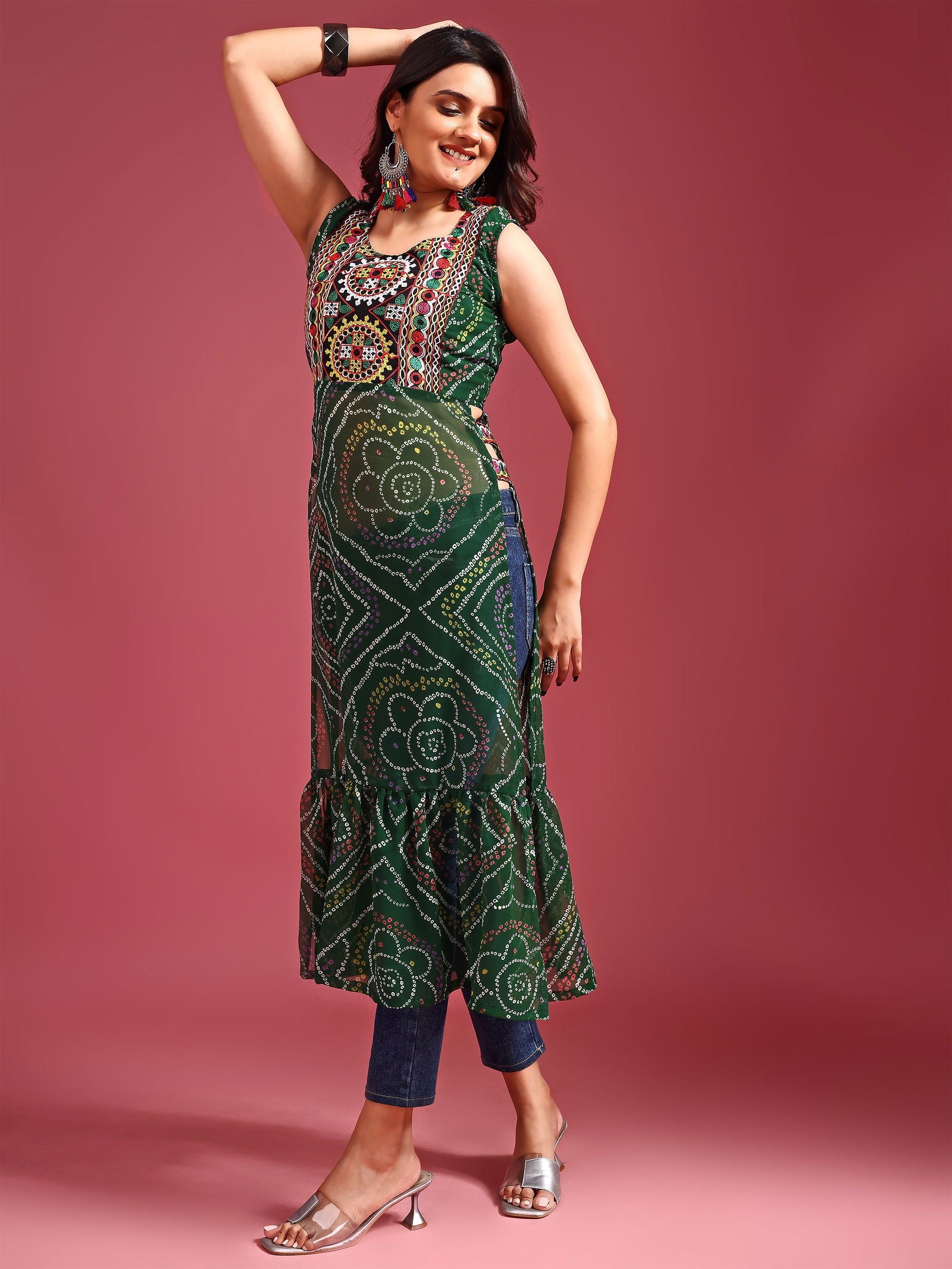 Youthnic - Georgette Embroidered Bandhani Print Navratri Special Kurta