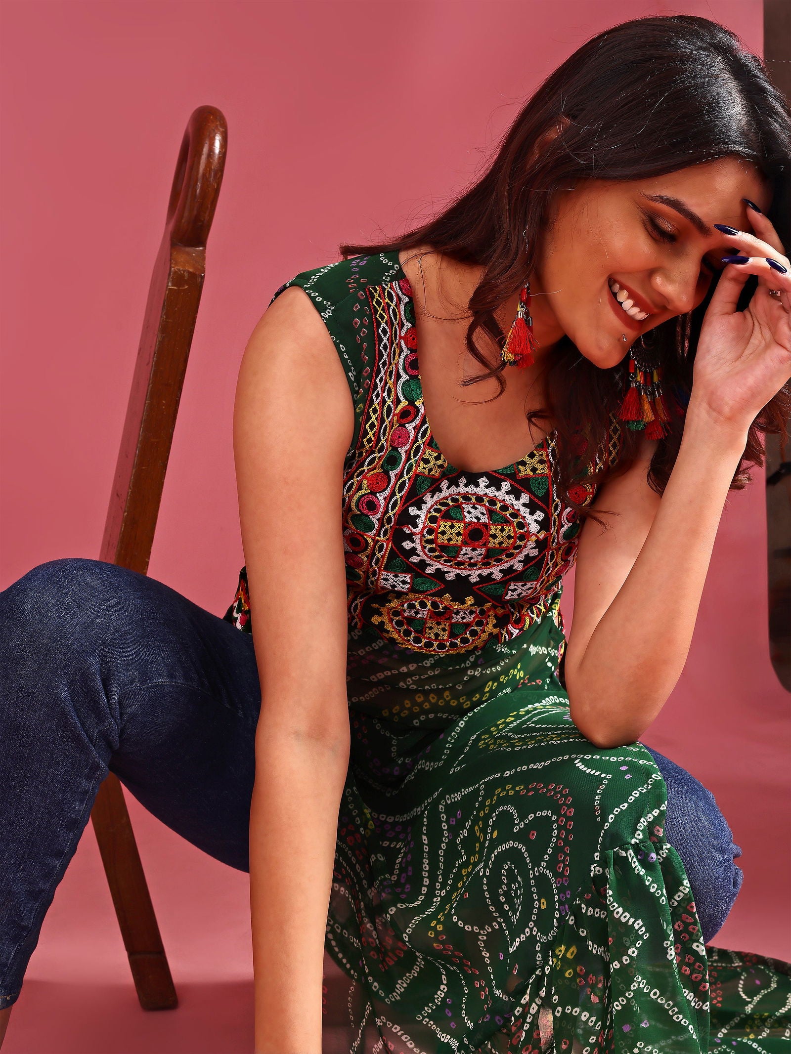 Youthnic - Georgette Embroidered Bandhani Print Navratri Special Kurta