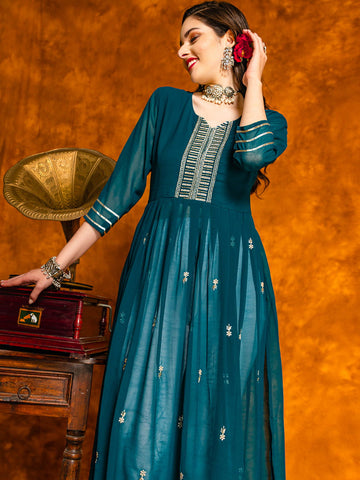Youthnic - Georgette Embroidered Naira Cut Kurta For Women
