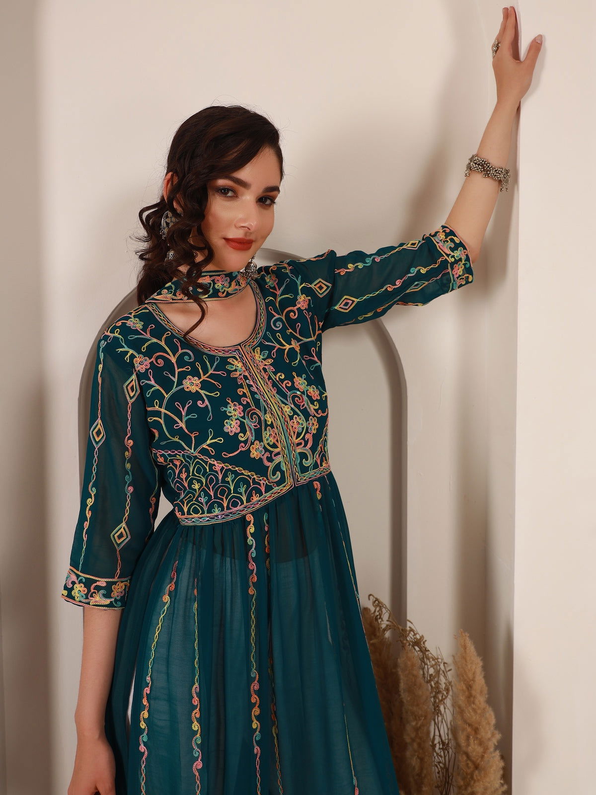 Teal Blue Georgette Embroidered and Sequence Work Naira Cut Kurta and