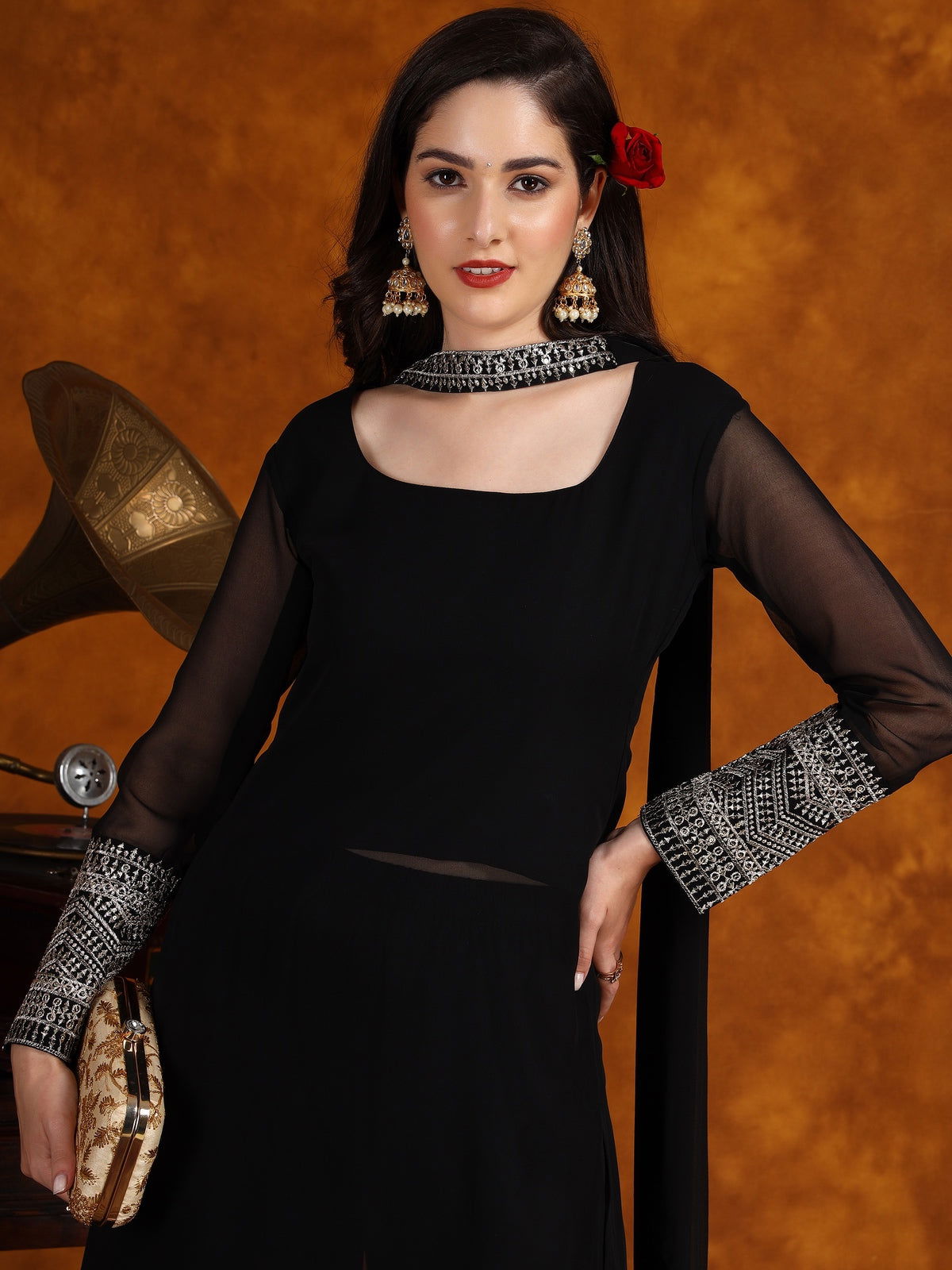 Georgette Lace Work Kurta Palazzo and Dupatta Indo Western Dress For W Georgette Lace Work Kurta Palazzo and Dupatta Indo Western Dress For W