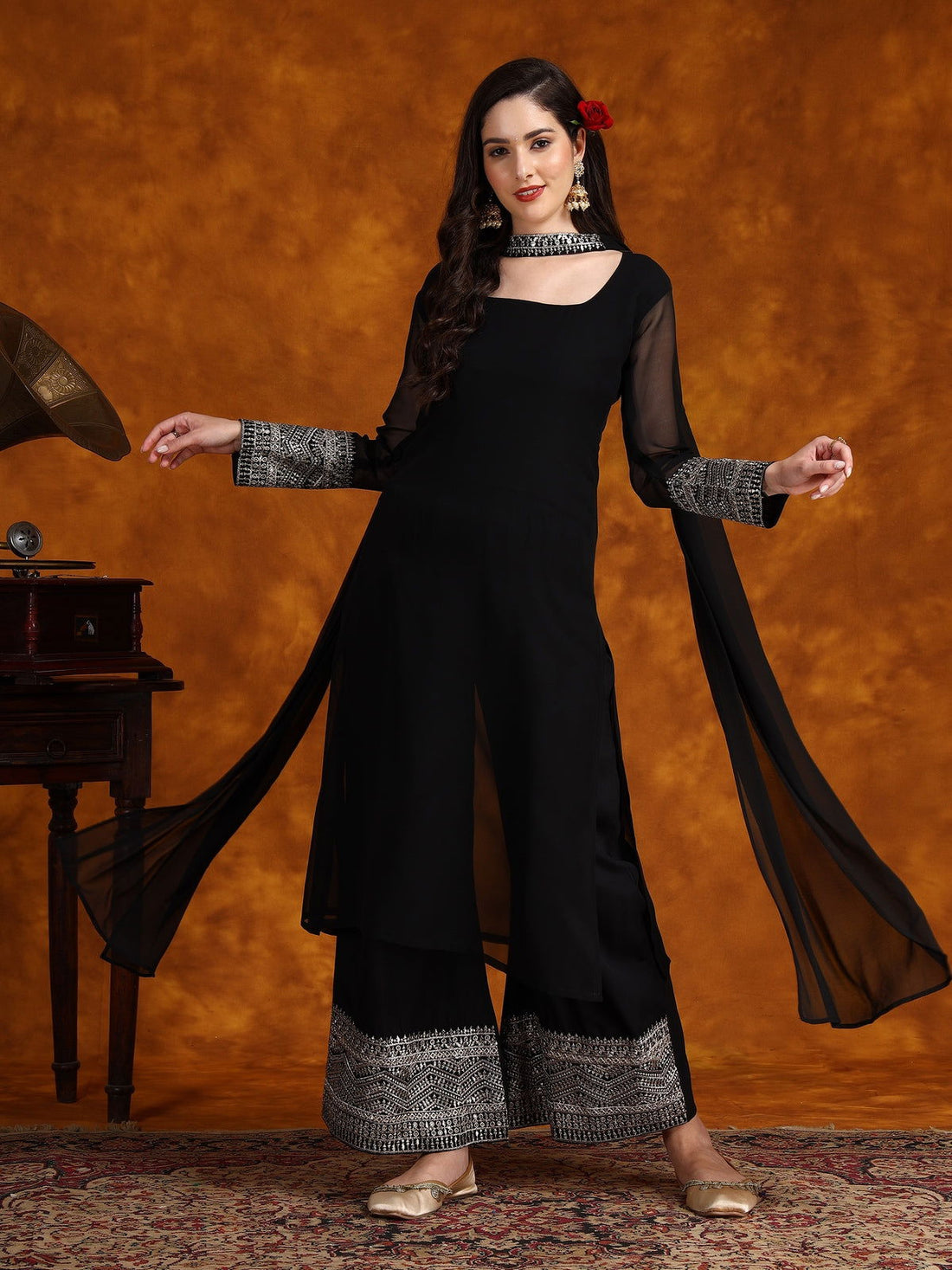 Youthnic - Georgette Lace Work Kurta Palazzo and Dupatta Set