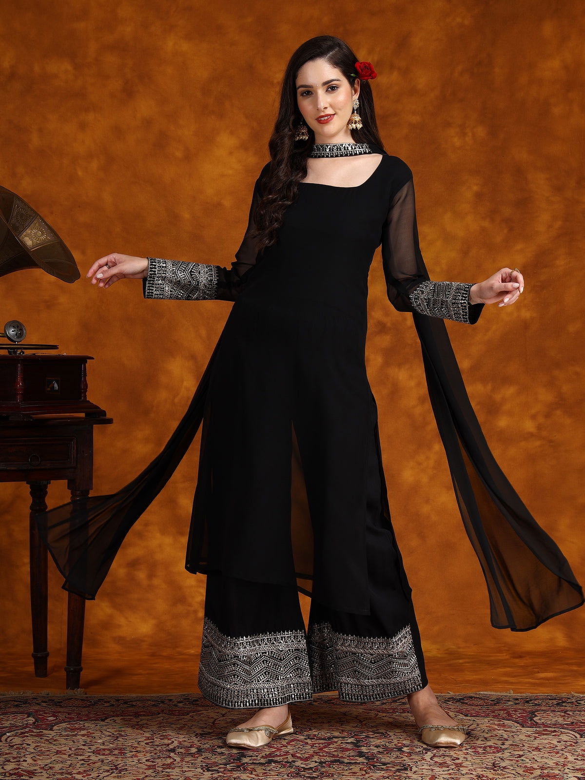 Youthnic - Georgette Lace Work Kurta Palazzo and Dupatta Set