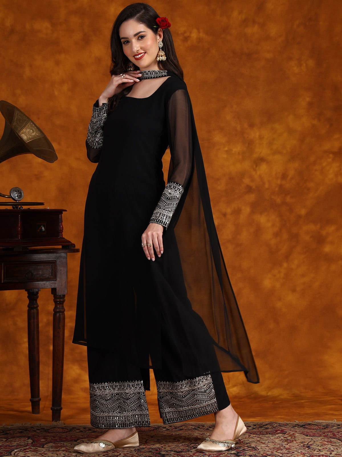 Youthnic - Georgette Lace Work Kurta Palazzo and Dupatta Set