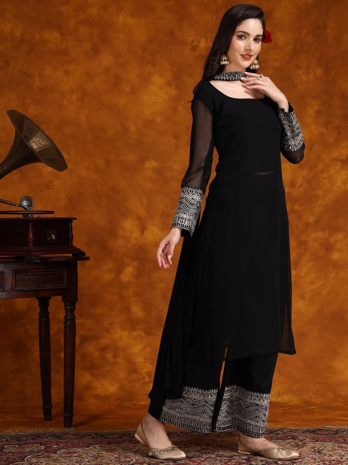 Youthnic - Georgette Lace Work Kurta Palazzo and Dupatta Set