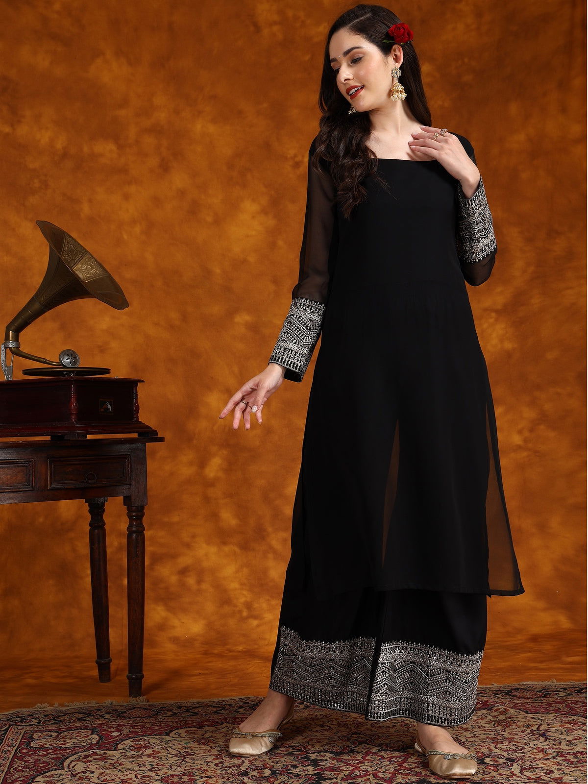 Youthnic - Georgette Lace Work Kurta Palazzo and Dupatta Set
