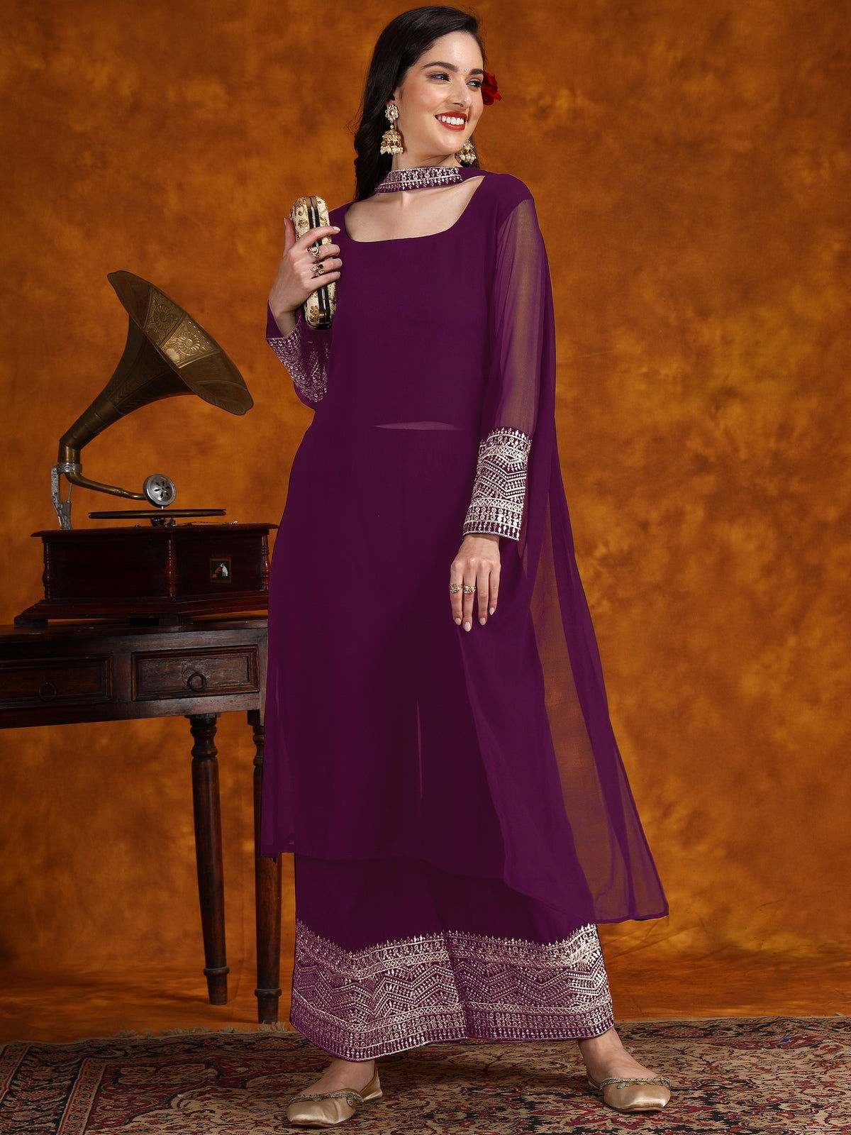 Youthnic - Georgette Lace Work Kurta Palazzo and Dupatta Set