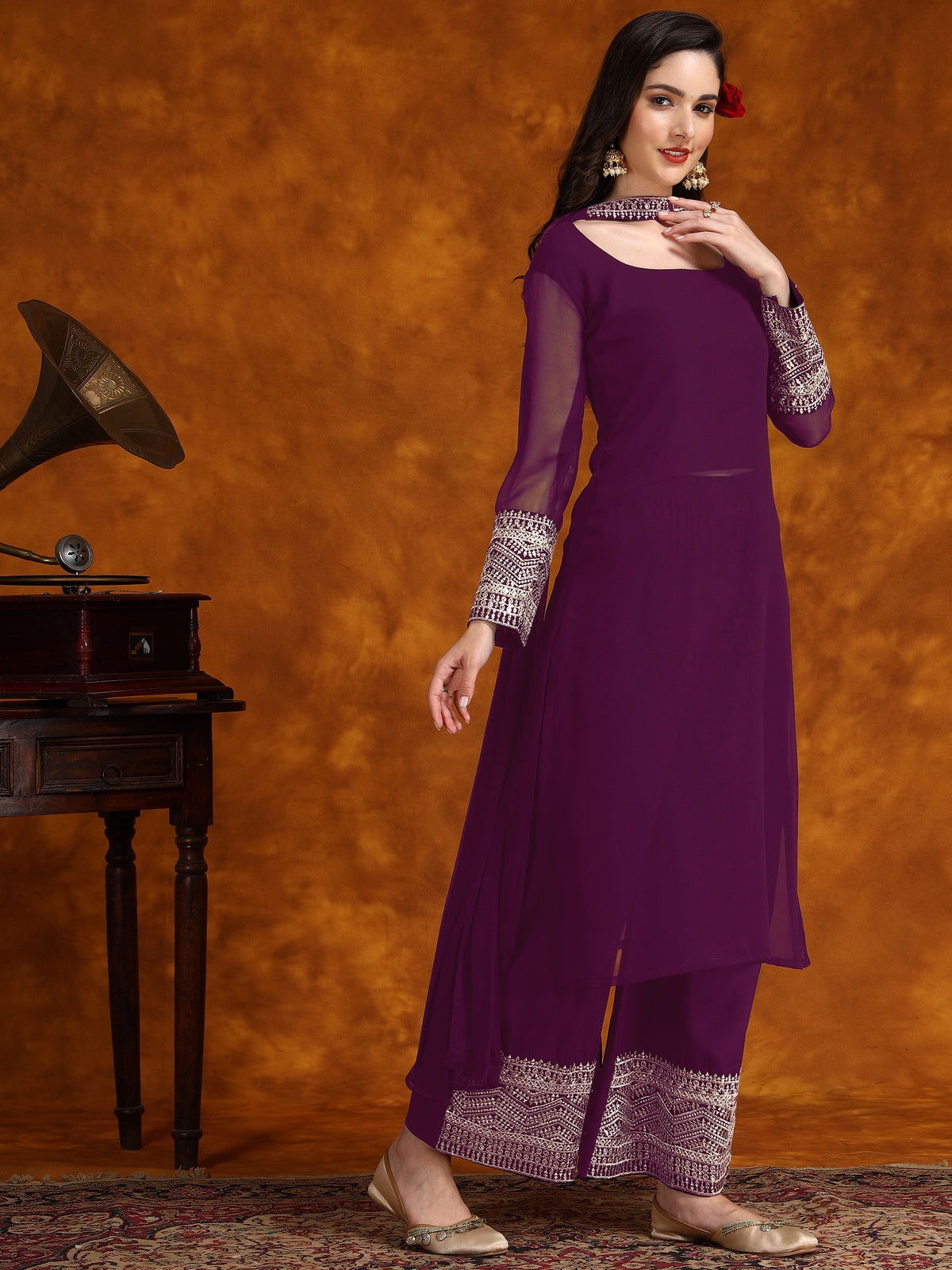 Youthnic - Georgette Lace Work Kurta Palazzo and Dupatta Set