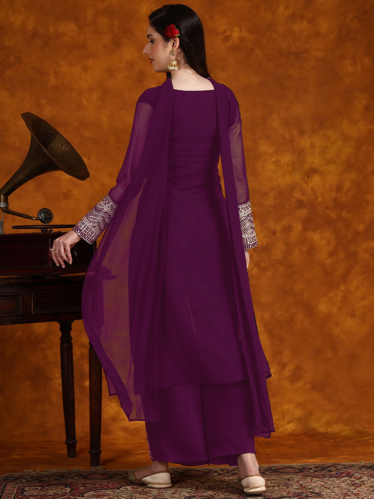 Youthnic - Georgette Lace Work Kurta Palazzo and Dupatta Set